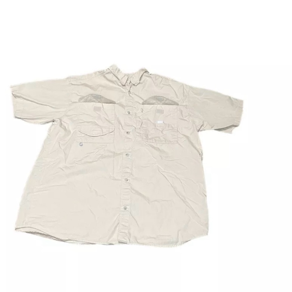 Columbia PFG Shirt Mens Large Beige, Short Sleeve Fishing Camp Vented Button Up